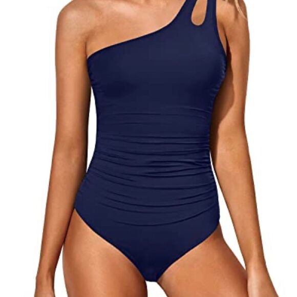 Holipick Ruched Modest Full Coverage One Shoulder One Piece Swimsuit Navy Blue M - Picture 2 of 3